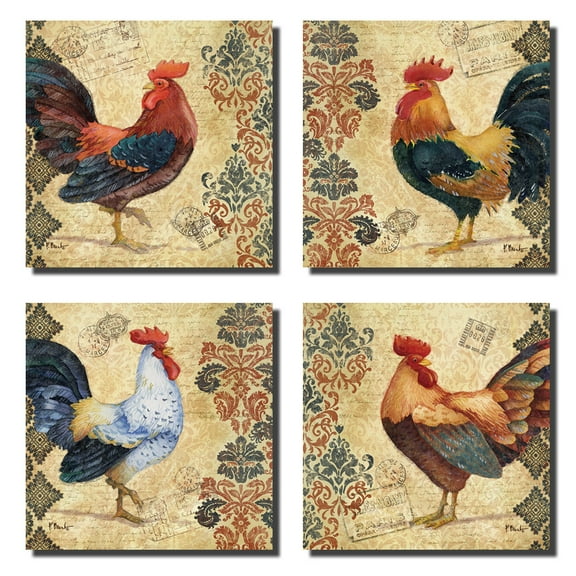 Classic Rustic Roosters on a Decorative Backdrop; Four 12x12 Poster Prints