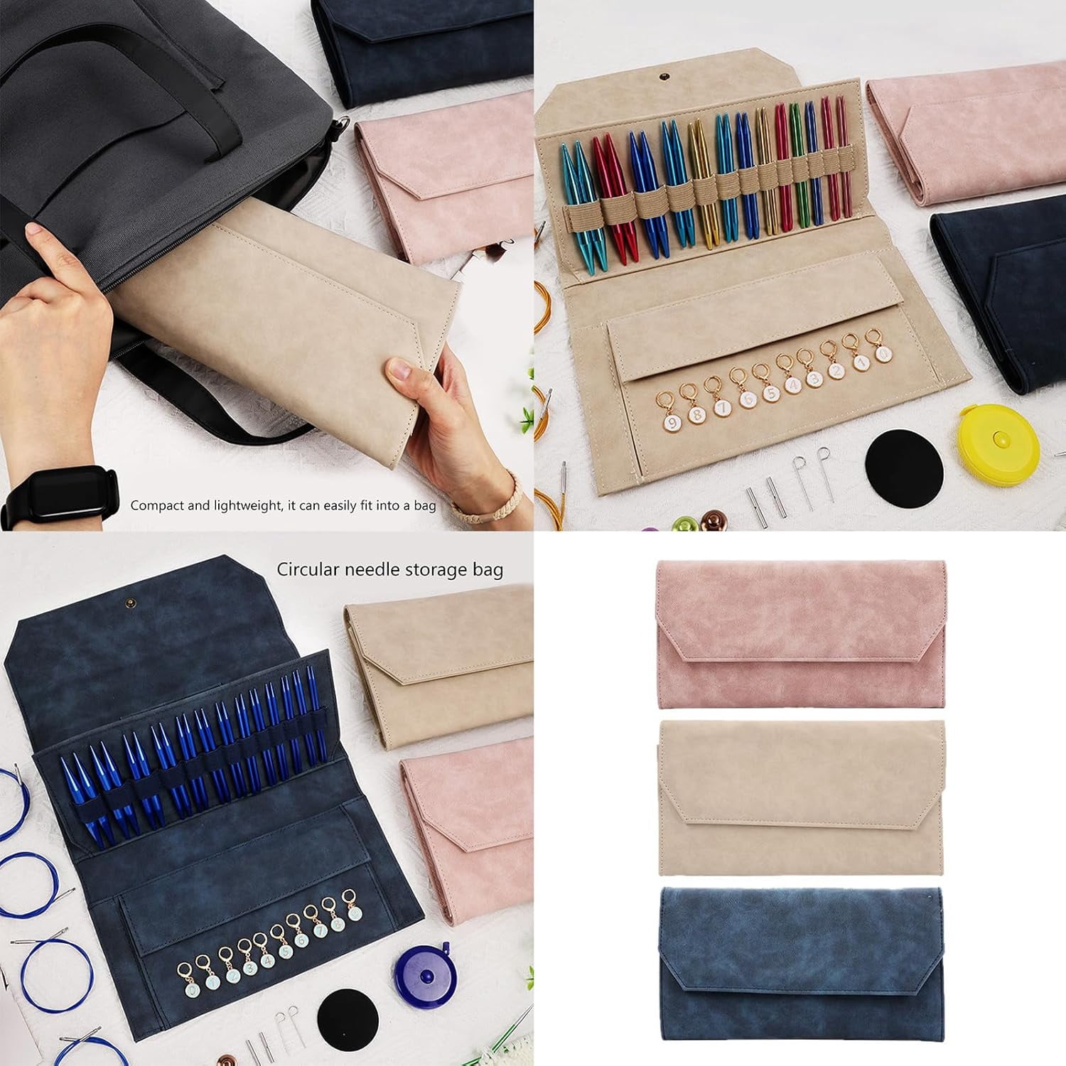Knitting Needle & Crochet Hook Case – Portable Organizer with Multiple Elastic Slots for Circular Needles & Hooks, Empty Storage Bag(RL Blue 1 PC)