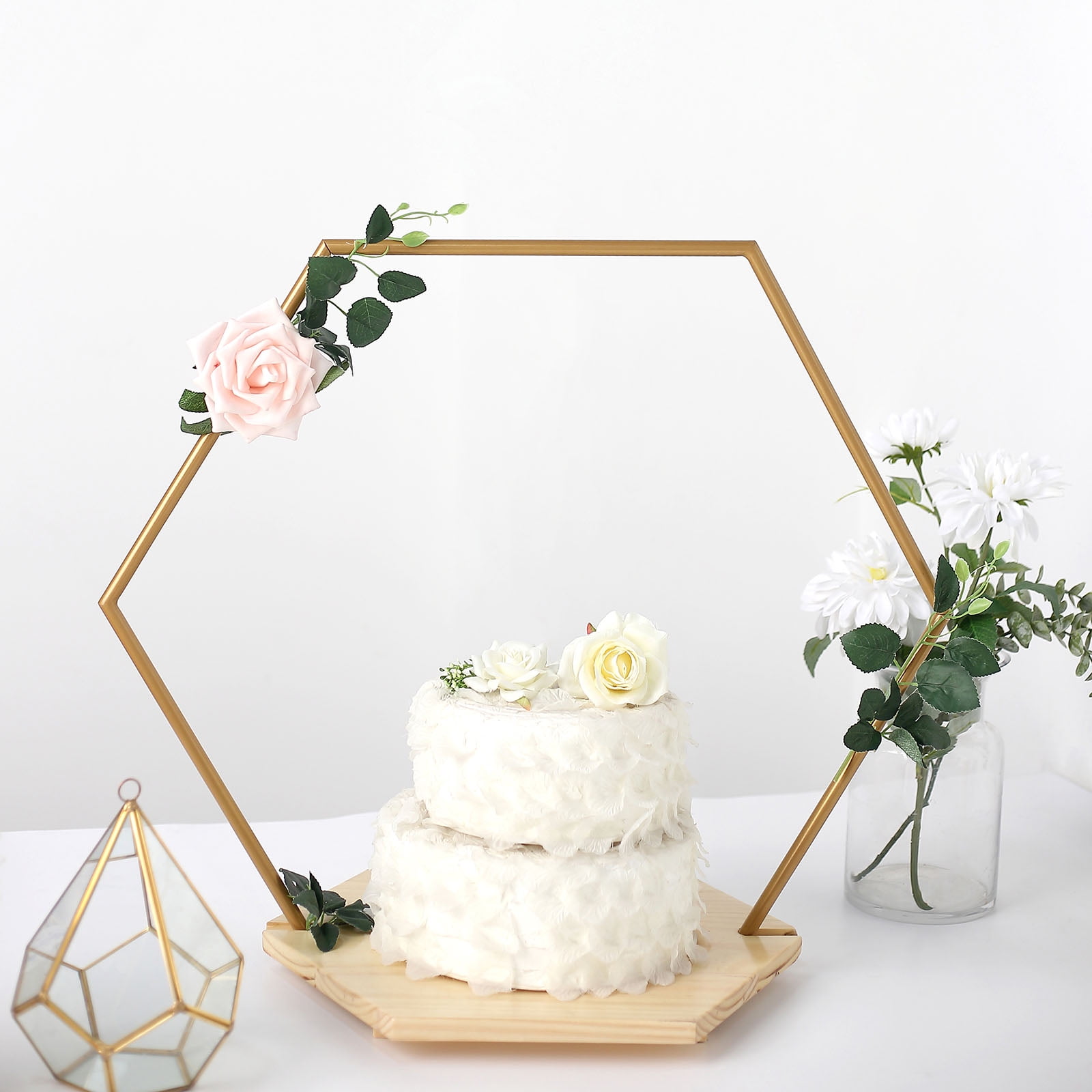 BalsaCircle Gold 28" Geometric Hexagon Wood Metal Arch Cake Display