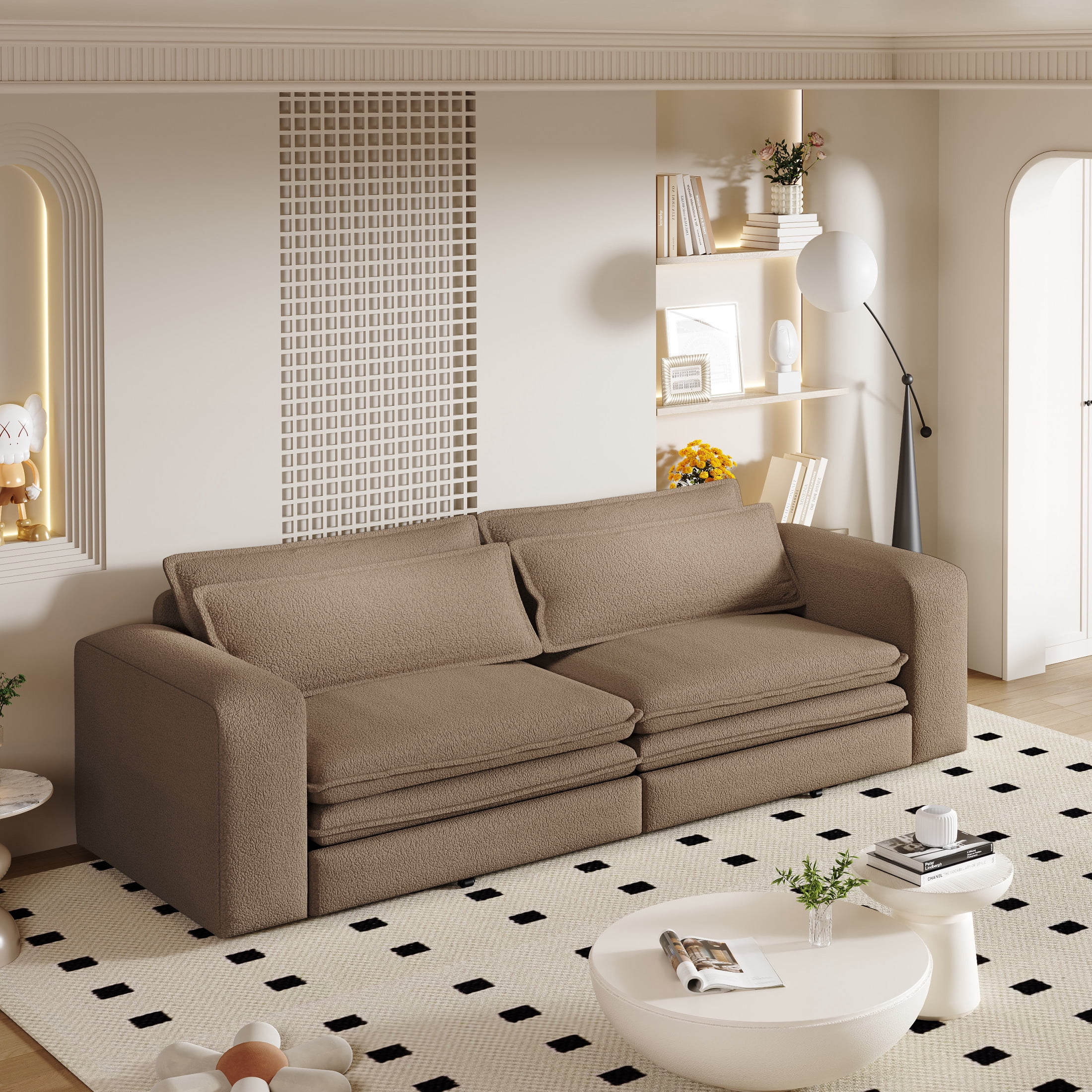 Noble House Rachel Convertible Sleeper Sofa Bed, Sherpa Fleece 3-Seat Pull Out Couch with Lumbar Pillows, Camel
