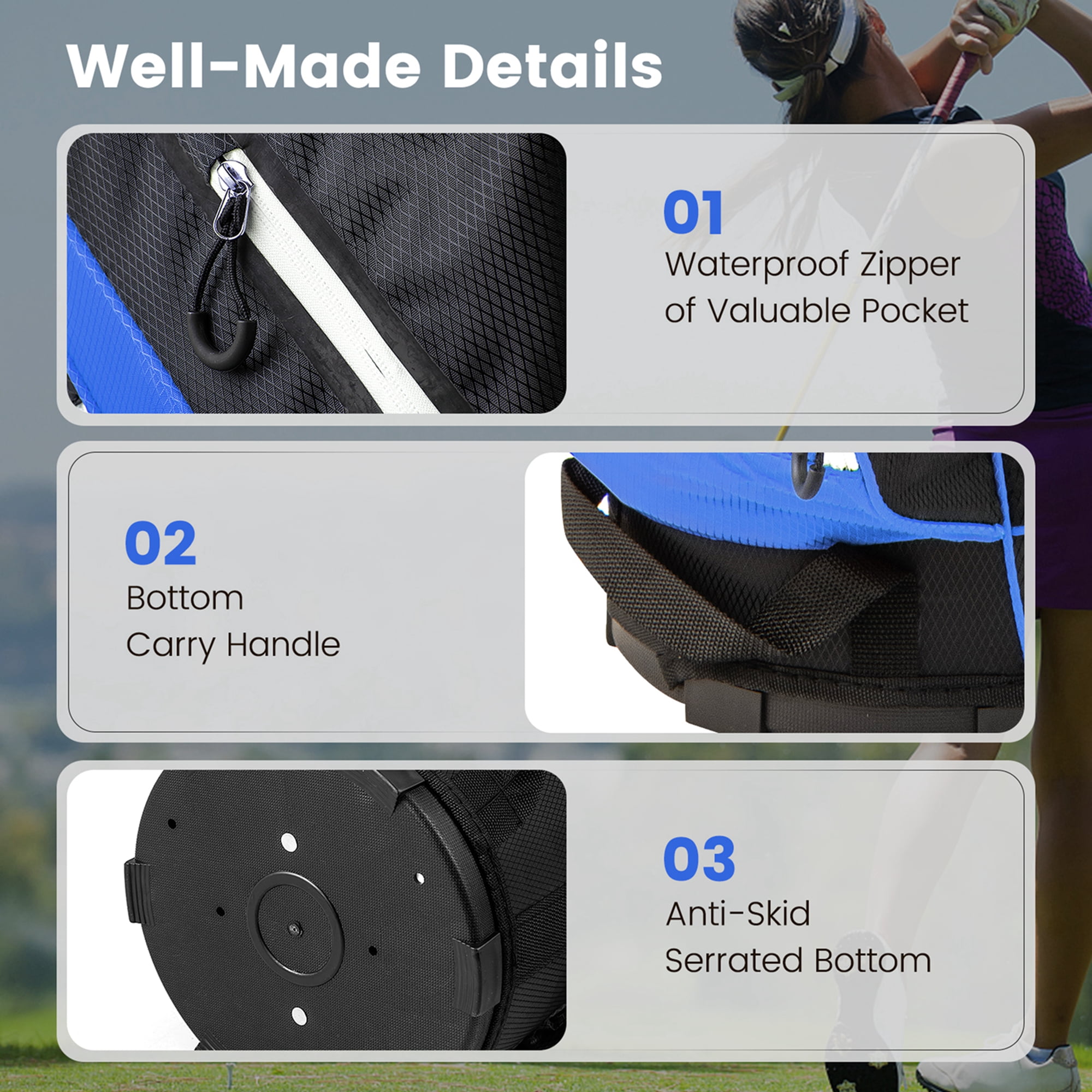 Costway Lightweight Golf Cart Bag with 14 Way Top Dividers 9 Pockets Rain Hood Cooler Bag Blue