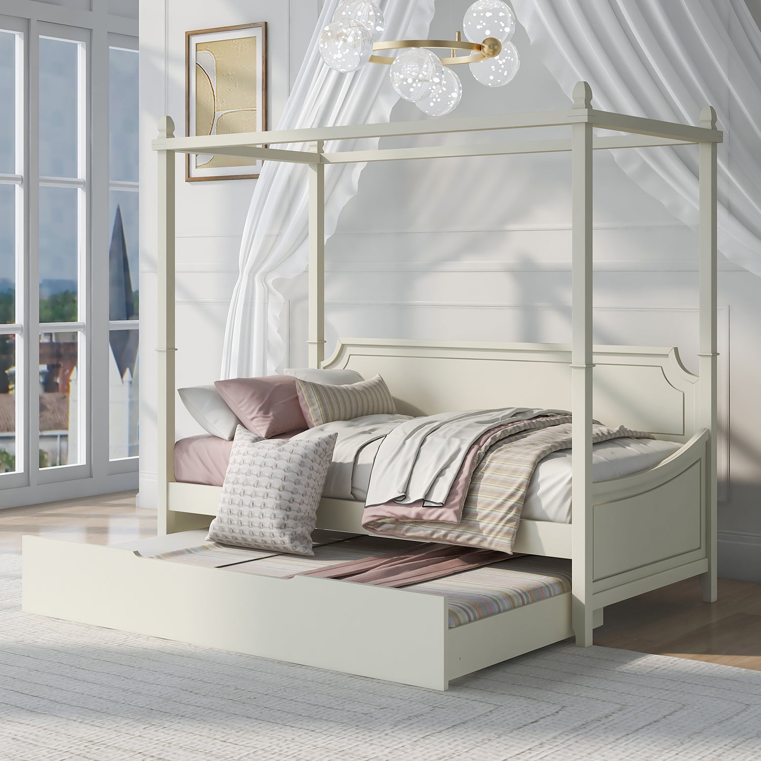 Kadyn Milky White Canopy Daybed, Twin Size Canopy Daybed Frame with Trundle Four Square Columns, Solid Wood Platform Bed Canopy Daybed Frame for Kids Adults Bedroom Dorm, White