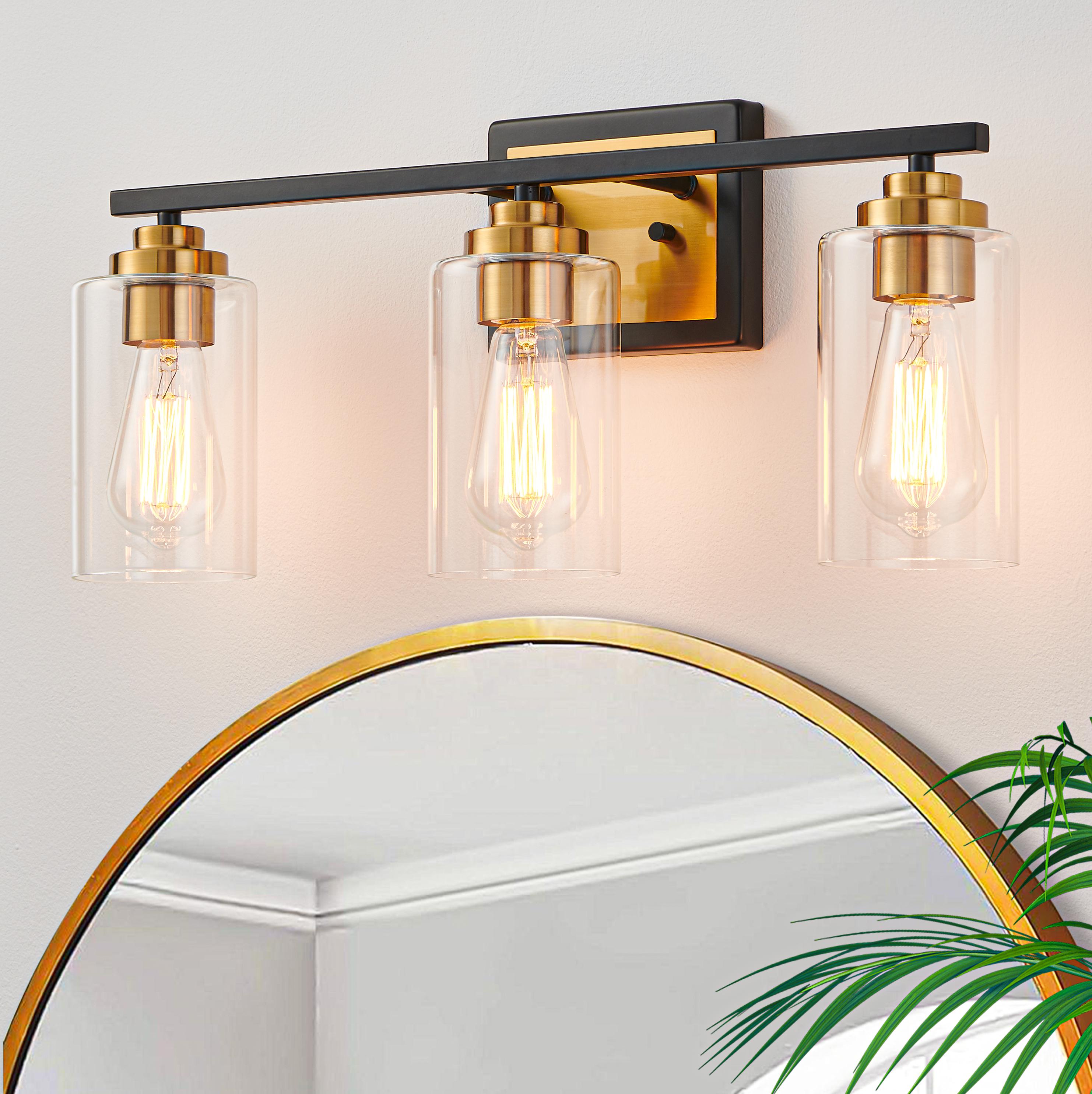 KAWOTI 22" 3-Light Black & Brass Vanity Light with Clear Glass Shade for Bathroom, Wall Mount Vanity Mirror Lighting