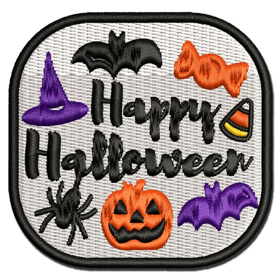 Happy Halloween Candy Bats Spider Applique Multi-Color Embroidered Iron-On Patch - 2.5 Inch Small