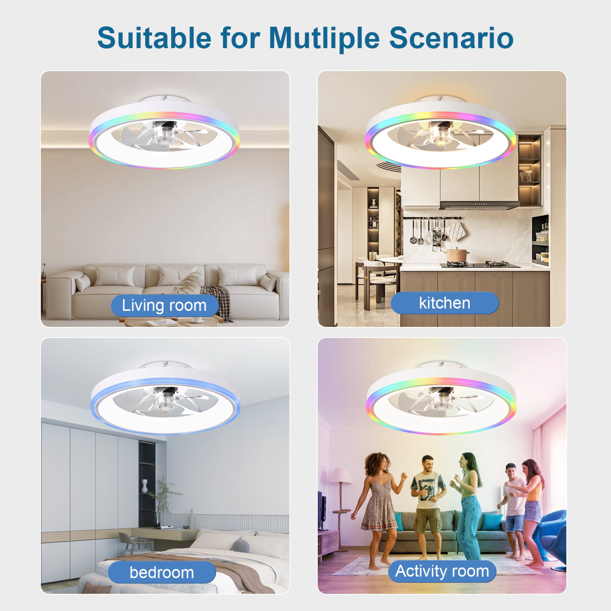 Leumius 19.7" Modern RGB Ceiling Fan with Lights, Flush Mount Low Profile Fan with Remote & APP, 6-Speed Reversible Silent DC Motor, Dimmable 3000-6500K LED for Bedroom Living Room White