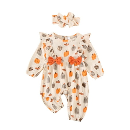 

AYLMMRTS Girl Halloween Romper Pumpkin Print Long Sleeve Jumpsuit Headband