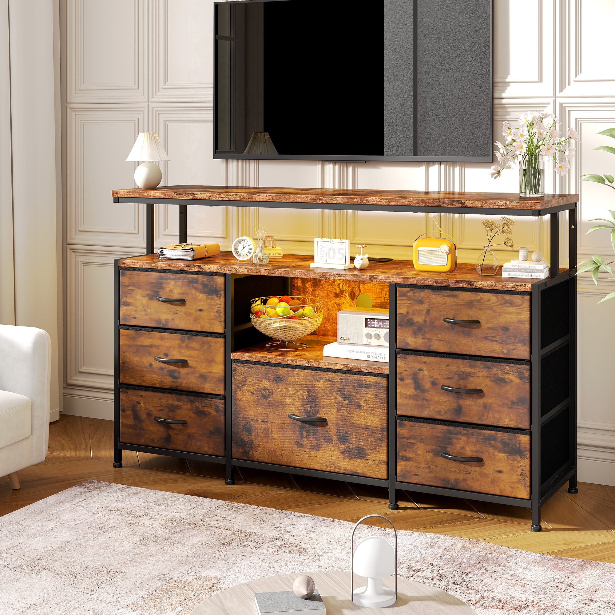 Dresser TV Stand for Bedroom with LED Lights & Power Outlets for 55" TV Wide Dresser for Bedroom with 7 Drawers & Open Shelves for Living Room, Sturdy Frame, Rustic Brown
