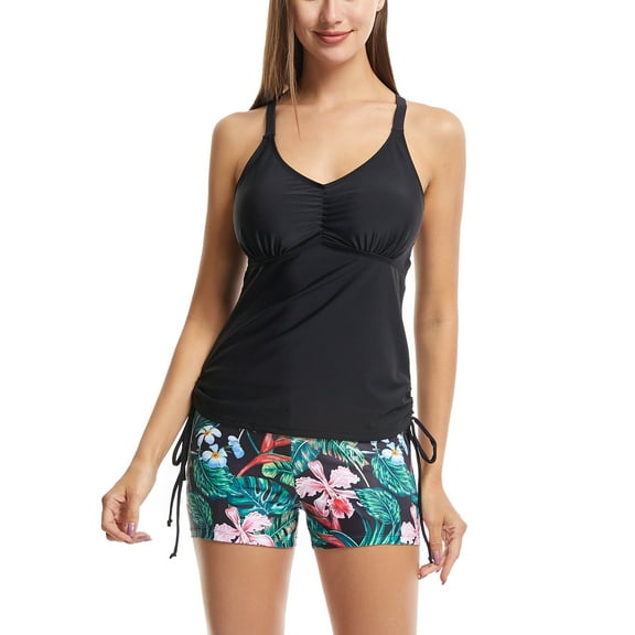 SWSMCLT Women's Modest Tankini Swimsuit Beach Swimming Hawaiian Two Piece Bathing Suit Drawstring Printed V Neck Padded Short Black 8-10