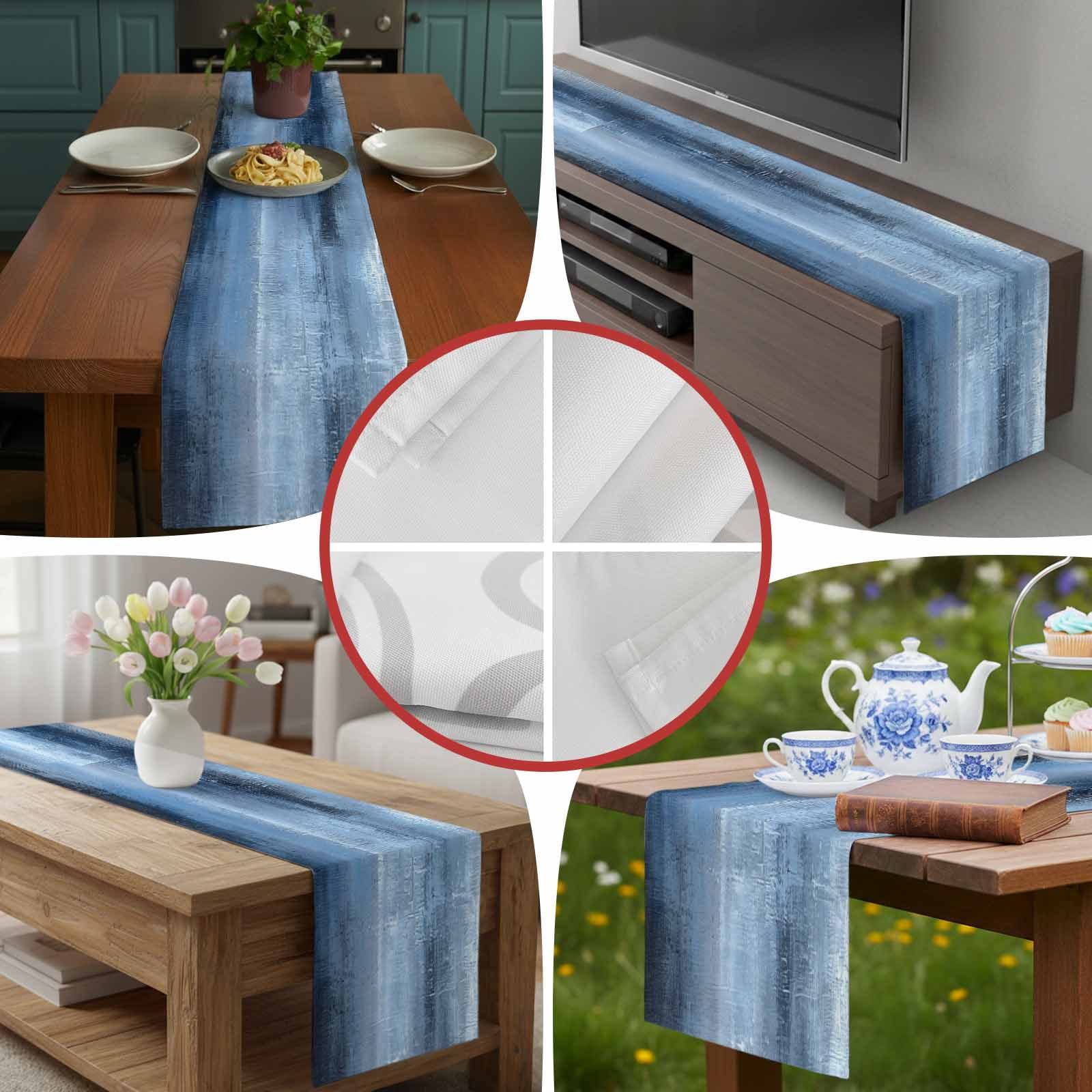 Abstract Blue Grey Oil Painting Table Runner 90 Inches Long, Retro Watercolour Ombre Art Table Runners Tabletop Scarf Kitchen Dining Tables Decoration for Home Party Indoor Outdoor