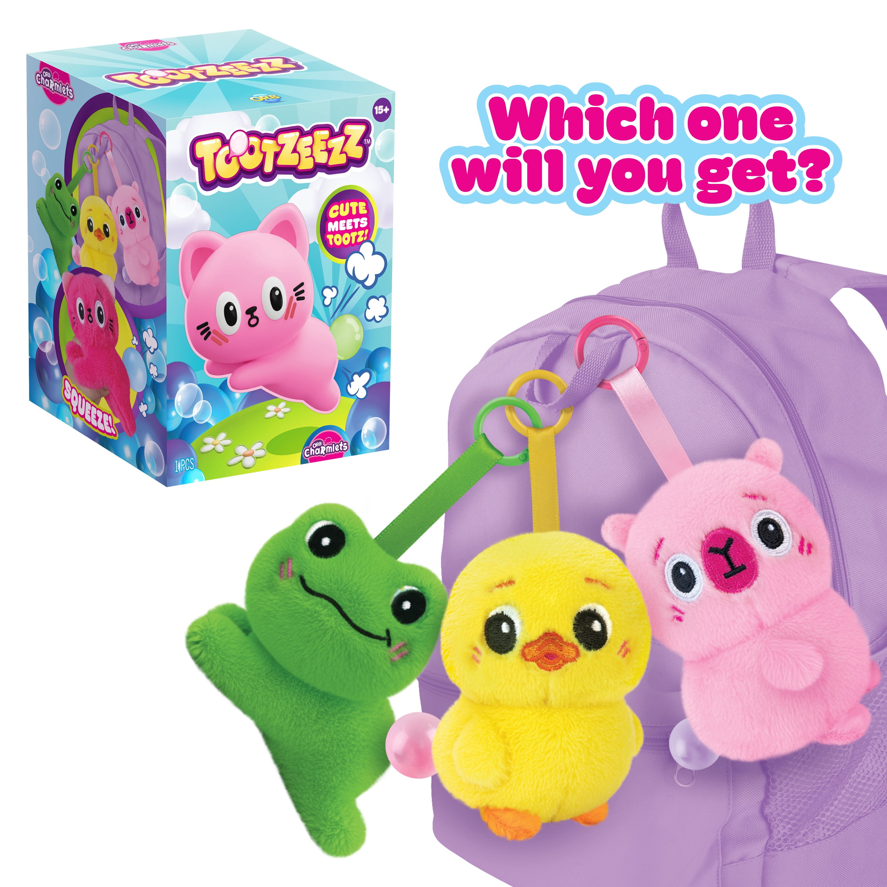 ORB Tootzeez Animals Plush Blind Box Keychain Charms - 1 Assorted Tootzeez Animal Fidget Plush Toy Charm - Squeeze for an Cute Toot Bubble - Collectible Squeeze Toys for Backpacks Keys Handbags More