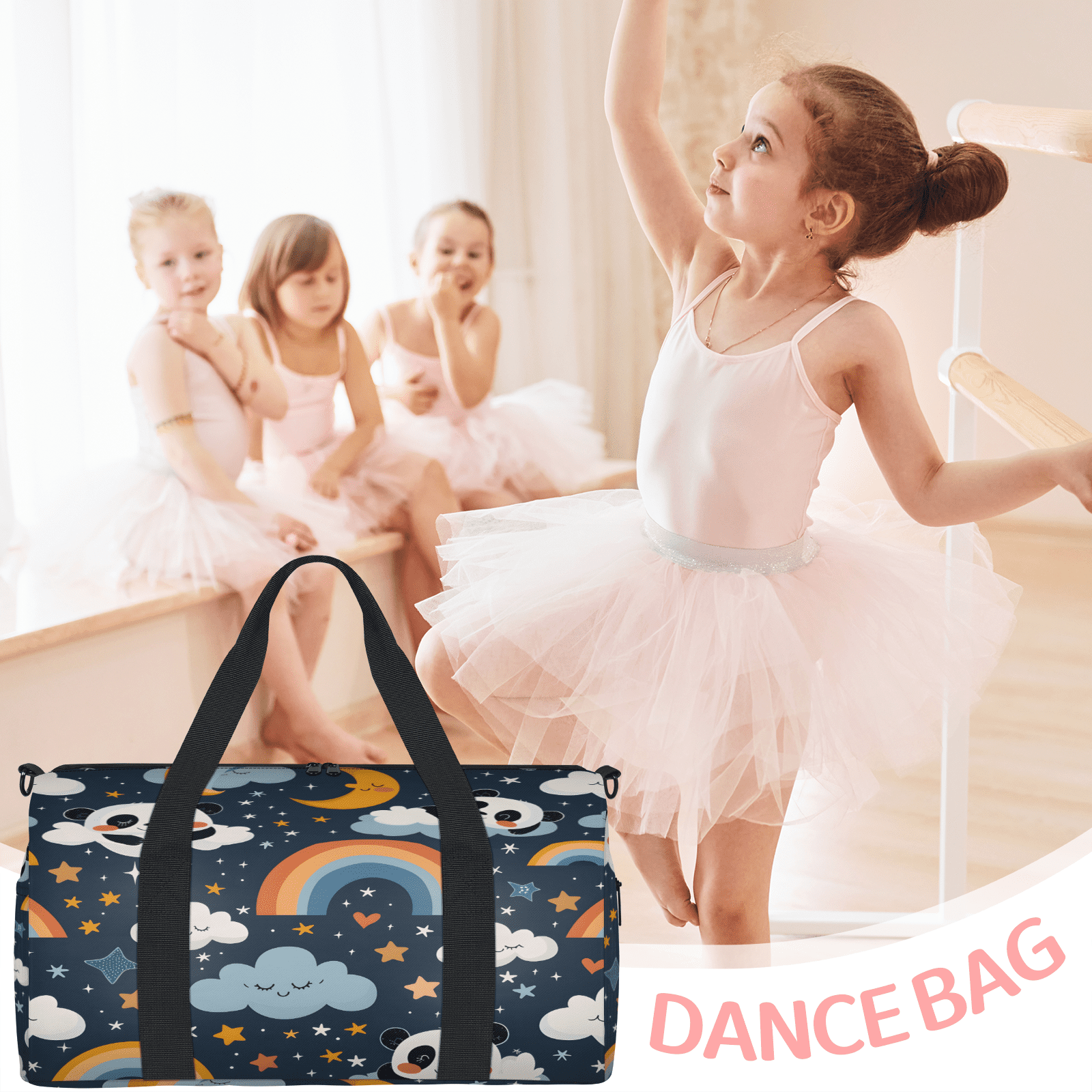 Herdesigns Cute Pandas Gym Bag for Women, Duffle Bag for Travel Sport, Rainbow Cloud Star Lightweight Waterproof Carry on Weekender Dance Yoga Workout Bags