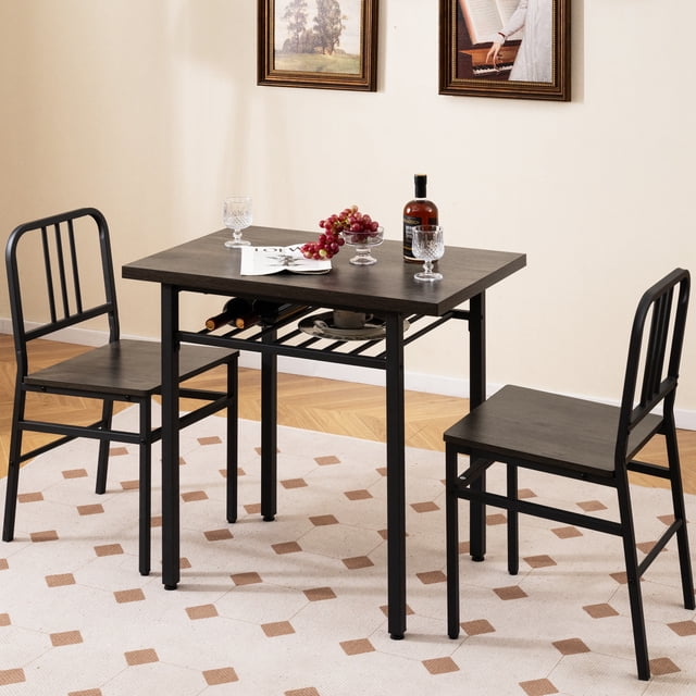 Gymax 3-Piece Rectangular Dining Table&Chairs Set Wooden Breakfast Nook w/Storage Rack Gray & Black