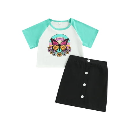 

Frobukio Children Little Girls Outfits Mushroom Butterfly Printed Short Sleeve T-shirt + Elastic Waist Buttons Skirt Green 11-12 Years