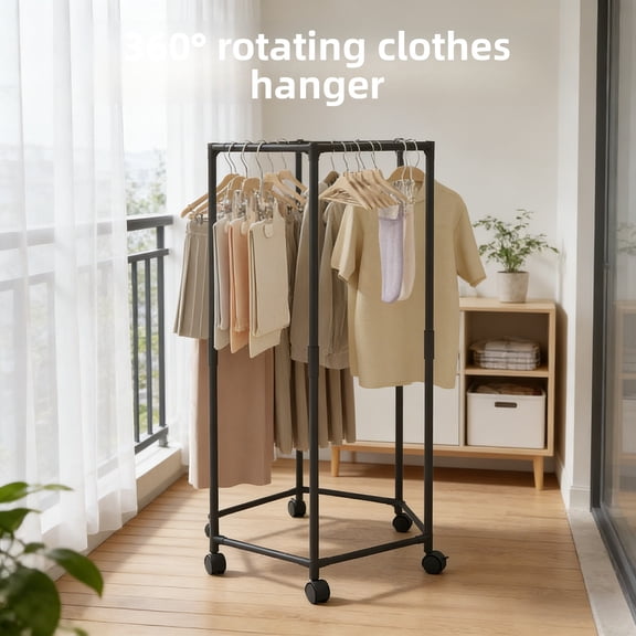 2-Tier Black Rolling Garment Rack, Heavy Duty Metal Clothes Rack with Wheels, Portable Clothing Storage Organizer for Bedroom & Laundry