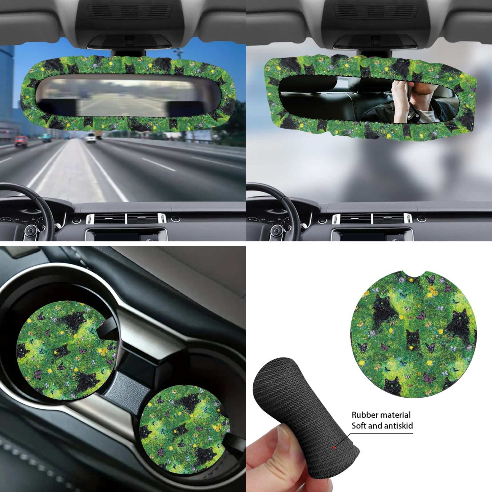 Yuyamidu Black Cat Front Rear Seat Covers for Cars Steering Wheel Cover Butterfly Seatbelt Shoulder Pad Auto Center Console Pad Cover Gear Shift Cover Hand Brake Cover Cup Holders, Set of 14, Green