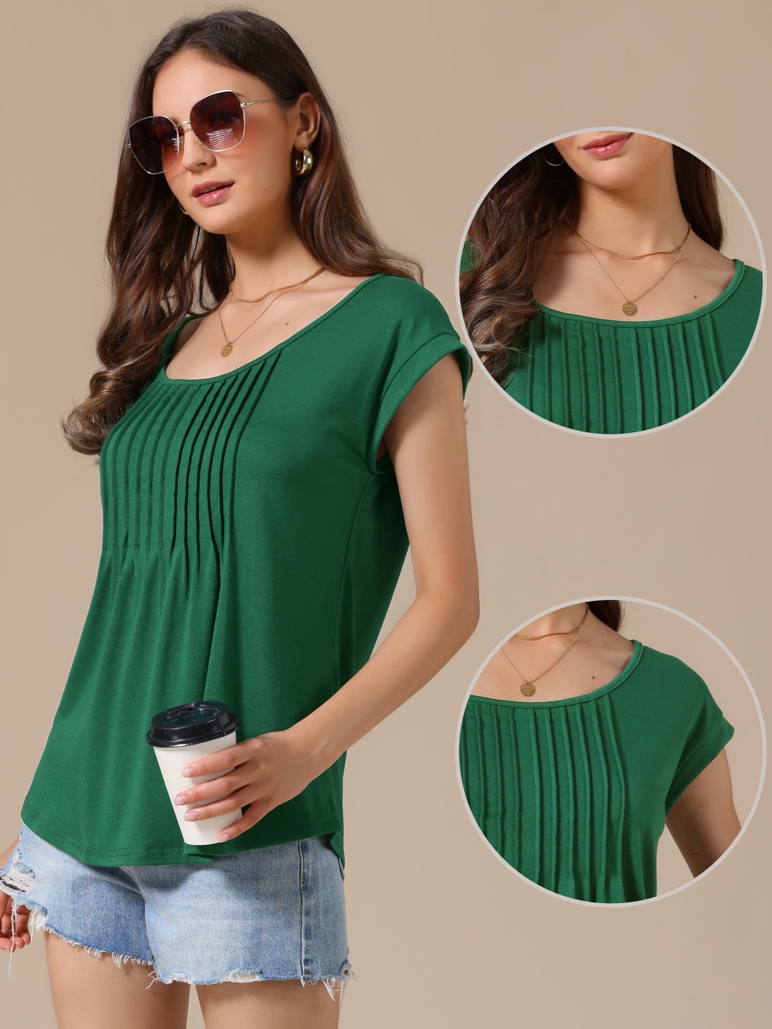 DARING DIVA Women's Cap Sleeve Pleated Round Neck Flowy Casual Blouses M Dark Green