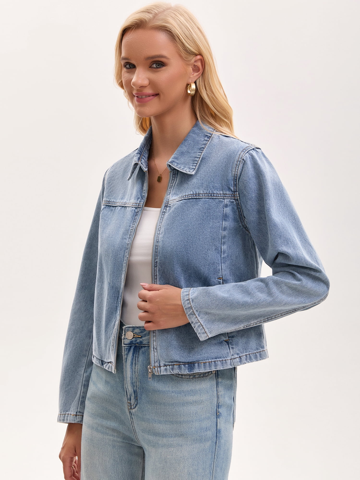 DARING DIVA Women's Lightweight Zip Up Collar Denim Jacket XL Light Blue