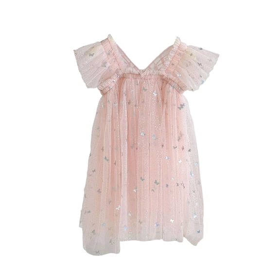 Girls Flutter Sleeve Party Dress Sequin 3D Wing Mesh Ball Gown Dress