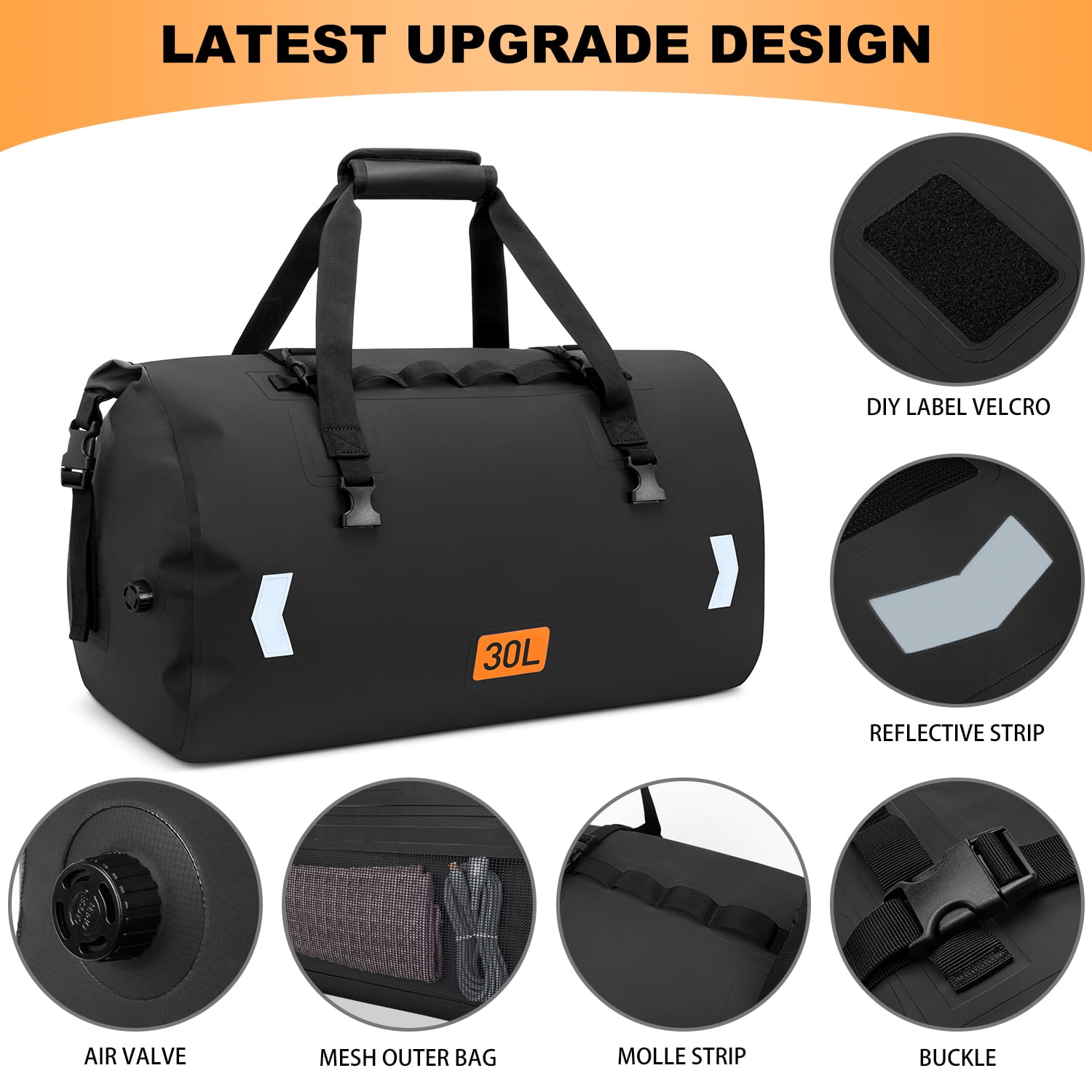GPED Waterproof Duffel Bag, 50L Roll-top Motorcycle Dry Bag with Air Valve & Quick-fixed Straps, Travel Duffle Bags for Kayaking Paddle Boarding Rafting Boating Camping Riding Fishing