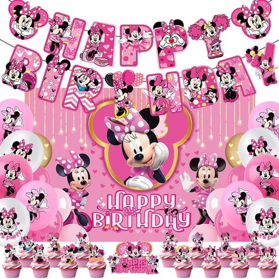 Minnie Birthday Party Supplies, Mickey Themed Party Set, Include Happy Birthday Banner, Backdrop, Balloons, Cupcake Toppers, Party Supplies for Kids Birthday, Baby Shower
