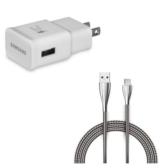 Adaptive Fast Home Charger w 6ft Metal USB Cable A6M for Samsung Galaxy S4 Active (GT-i9295) S3 On5 Express Prime Note Edge Core Prime 5 4 3 2 Mega 2, J7 J5 J3, Amp Prime, Emerge