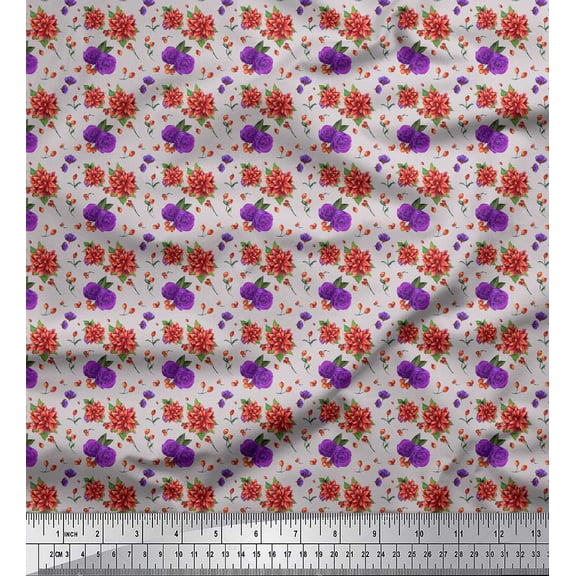 Soimoi Gray Cotton Duck Fabric Ranunculus & Chrysanthemum Floral Fabric Prints By Yard 56 Inch Wide