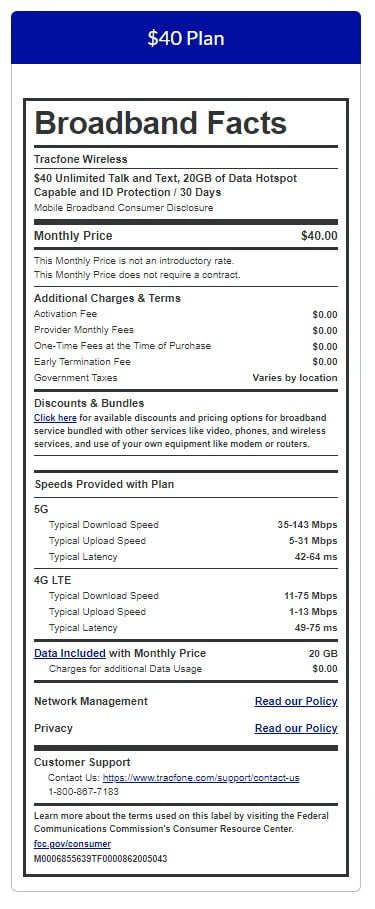 Tracfone $40 Smartphone Unlimited Talk & Text 30-Day Prepaid Plan (20 GB at high speed) Direct Top Up