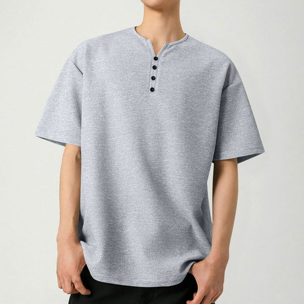 Camisas Elvqul Caballero Mayor Stretch Algodón Gris Manga Corta sin Estampado Cuello Redondo Abotonada