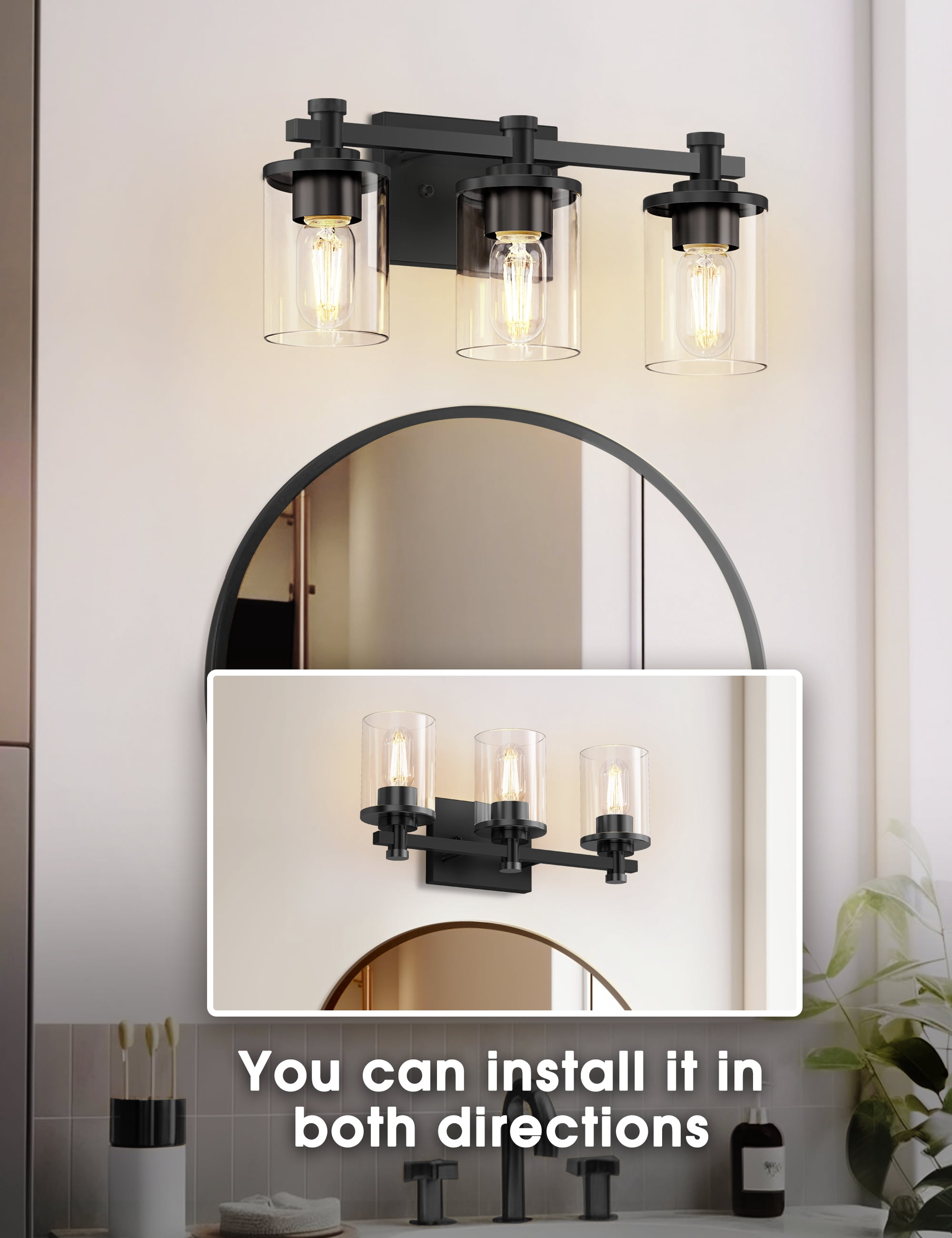 YANSUN 19 in 3-Light Black Vanity Light Bar with Clear Glass Shades E26 Base for Bathroom Mirror, Hallway, Entryway