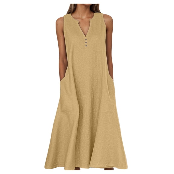 OSOLU Solid Color Summer Dresses For Women Casual Sleeveless Linen Flowy Beach Vacation Dress With Pockets Cozy Sundress Wedding Guest Dress