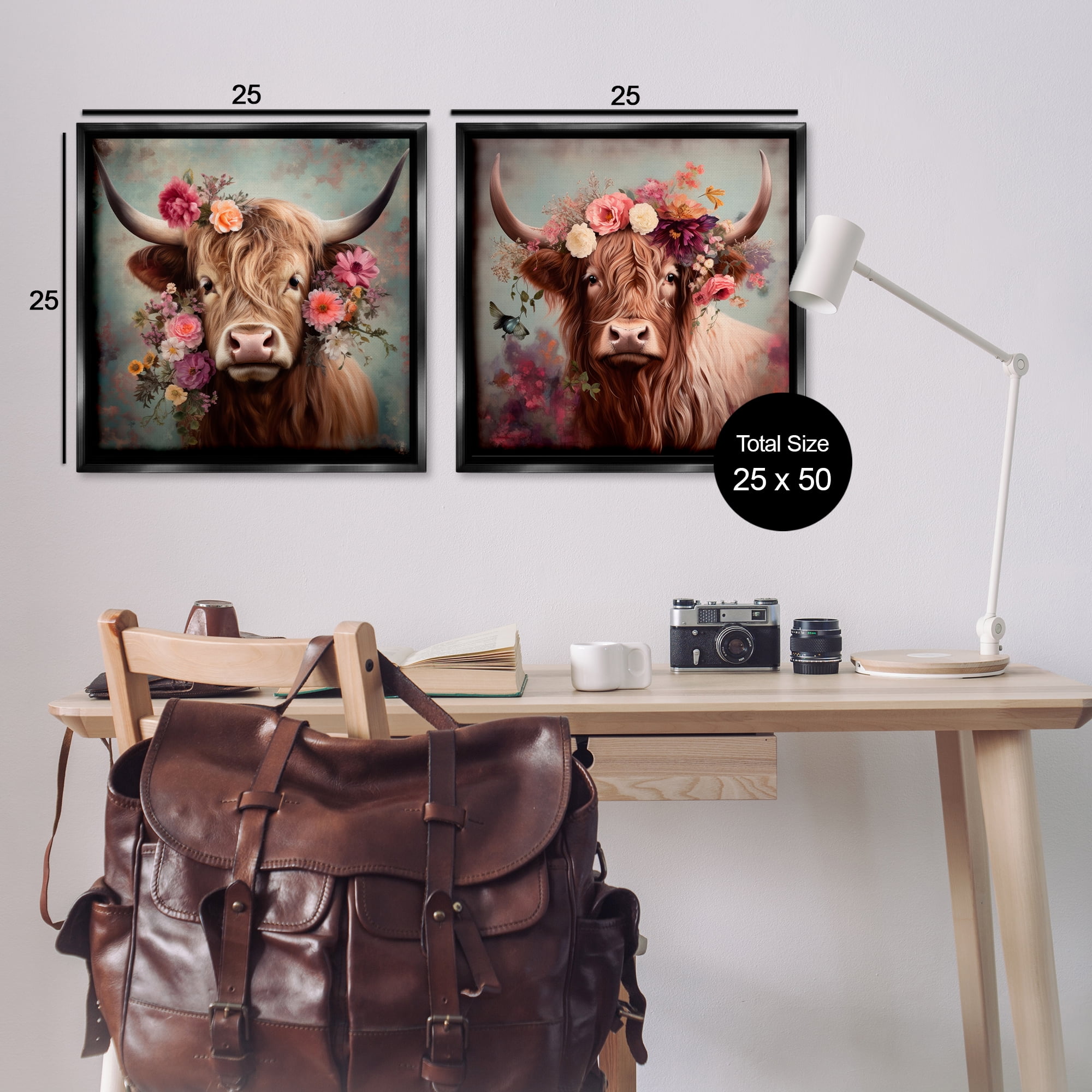Stupell Industries Highland Cow Field Flower Crown Animals Painting Black Floater Framed Canvas Art Print Wall Art, 25 x 25, Set of 2
