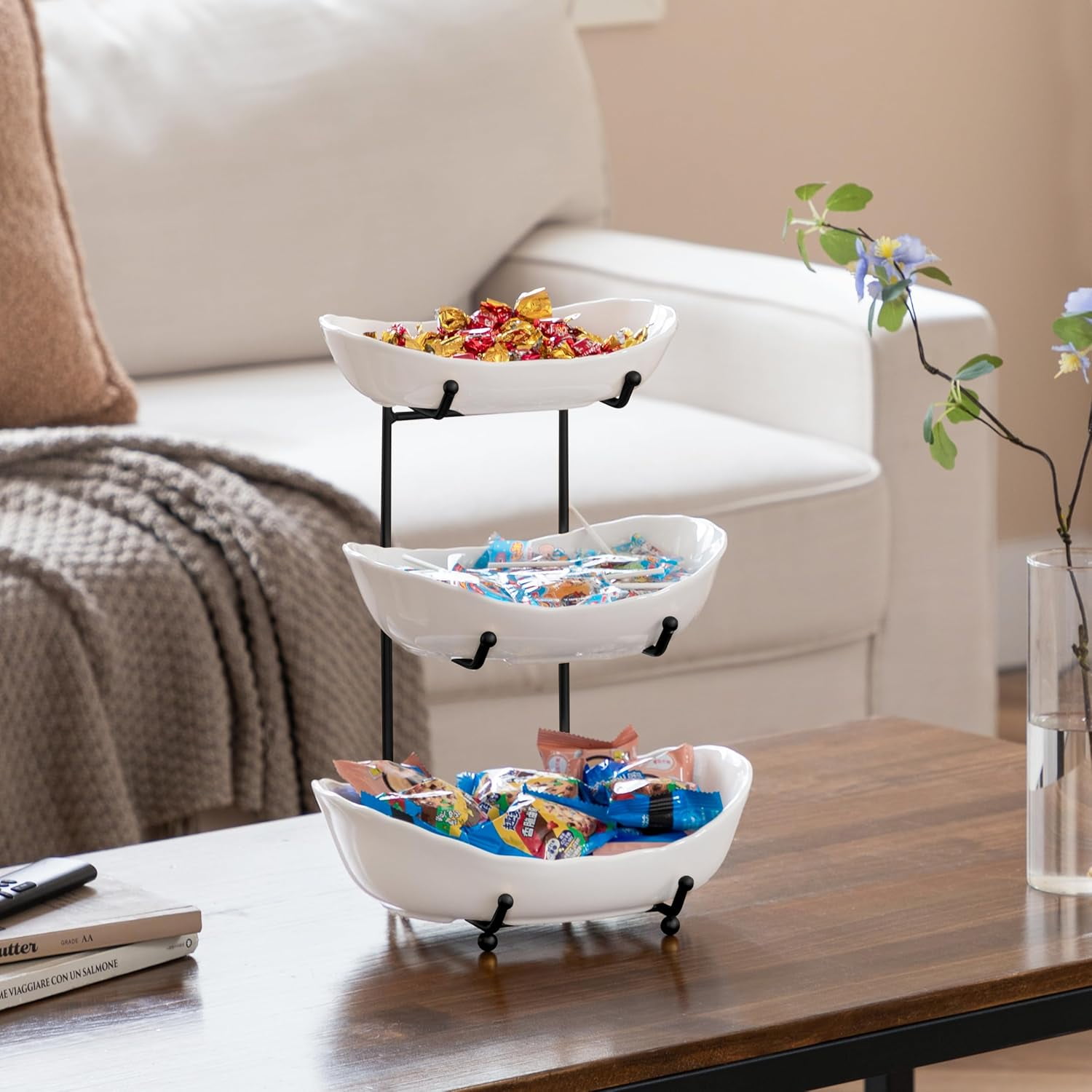 HBlife 3 Tier Ceramic Fruit Rack, Fruit Basket, Fruit Bowl for Kitchen Counter, Black