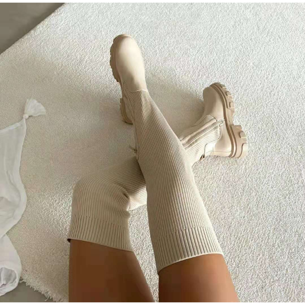 Botas de suela gruesa para mujer, calcetín tejido transpirable, botas altas hasta el muslo, zapatos elásticos con punta redonda de talla grande 43, Otoño Invierno 2023