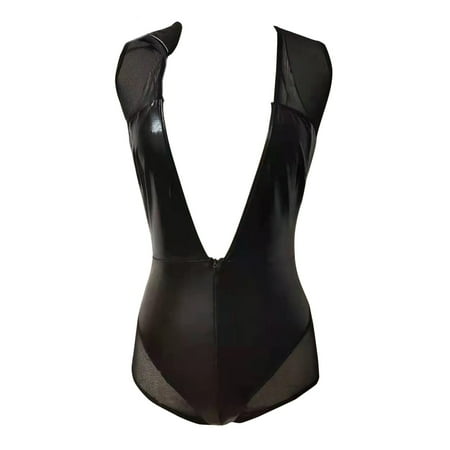 

Women Exotic Lingerie Leather Bodysuit Cutout V Neck Long Sleeve Set Lace Couples Spring Summer Casual Club Party Vacation Sleepwear Nightwear Gifts To Lovers