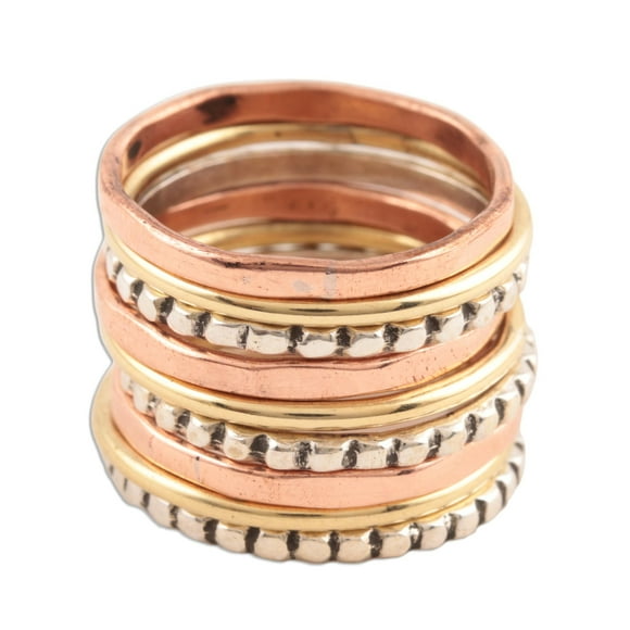 Sterling silver brass and copper band rings, 'Elegant Pattern' (set of 9)
