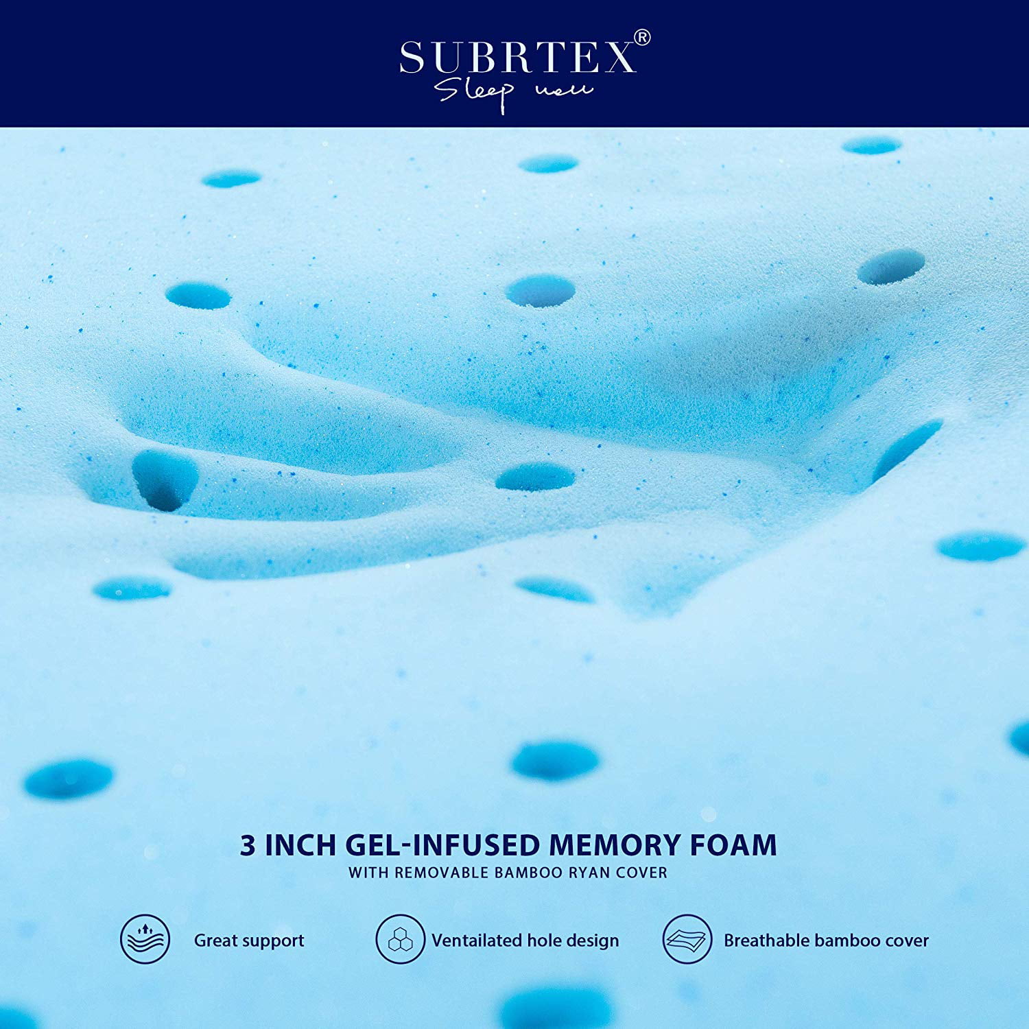 subrtex 3 Inch Mattress Topper Gel Infused Memory Foam Cooling Pad Removable with Fitted Bamboo Cover 90x190x7.5cm 
