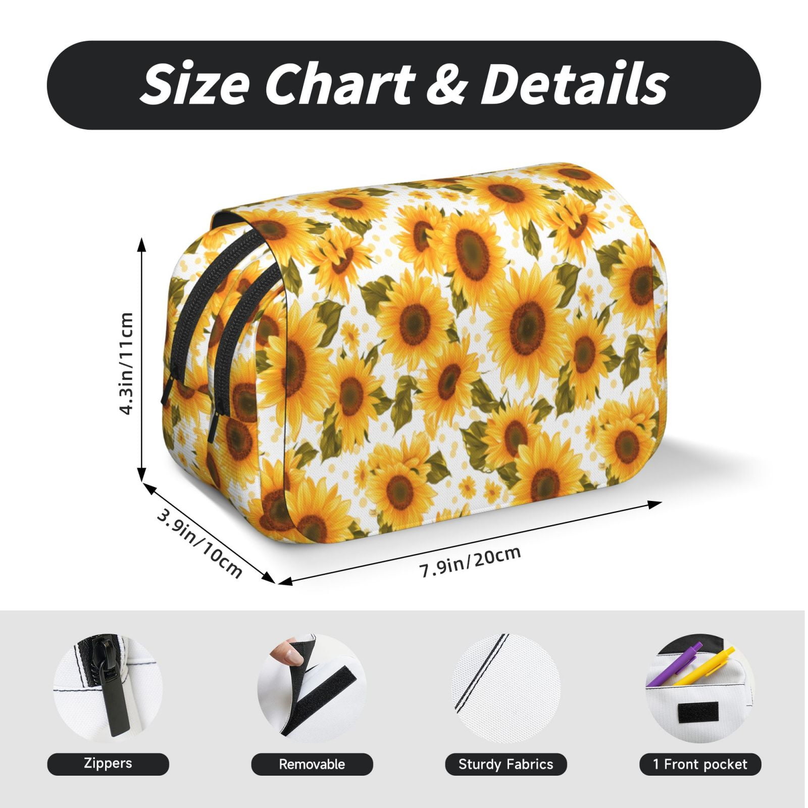 Rateoe Modern Elegant Sunflower Pattern Double Clamshell Pen Case, Storage Organizer with Two Zipper Compartments– Holds Up to 50 Pencils & Pens