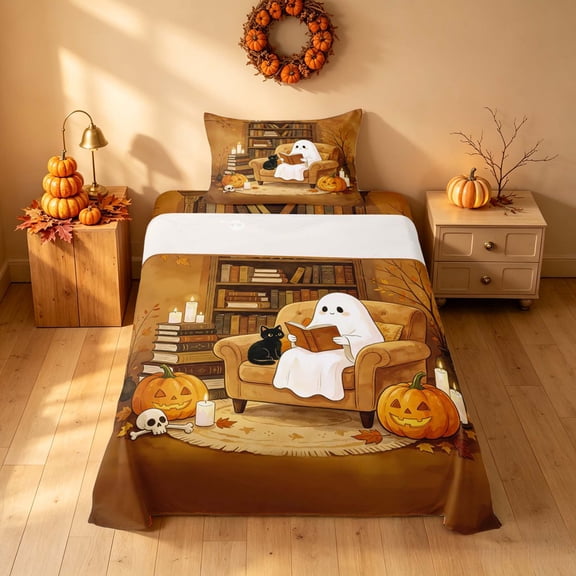 Homewish Halloween Spooky Animal Twin Sheets, Pumpkin Lantern Ghost Bedding, Brown Orange Cream, 3 Pieces (1 Flat Sheet, 1 Fitted Sheet and 1 Pillowcase)