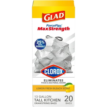 Glad ForceFlex MaxStrength with Clorox Tall Kitchen Trash Bags 13 gal Lemon Fresh Bleach 20 Ct