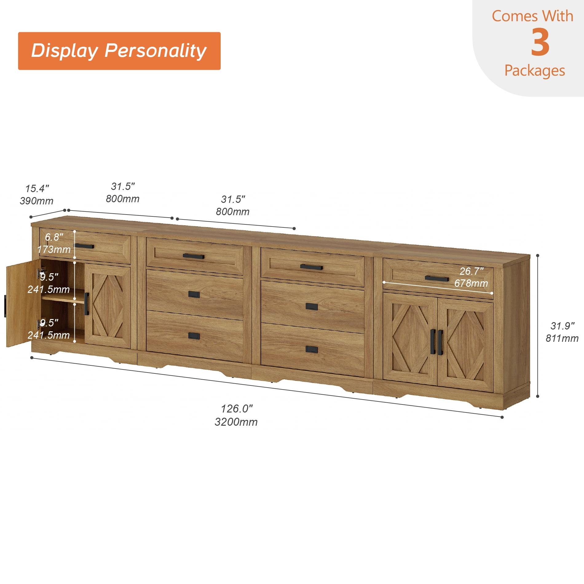 WAMPAT 126"W Large TV Stand,4-in-1 Farmhouse Entertainment Center with Storage Barn Door Cabinet,TV Console Table With Media Cabinet and Drawers for Living Room,Bedroom,Walnut