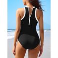 thumbnail image 3 of Attraco Womens Round Neck One Piece Swimsuit Zipper Back Ribbed Swimwear Sporty Racerback High Neck Bathing Suit, 3 of 9