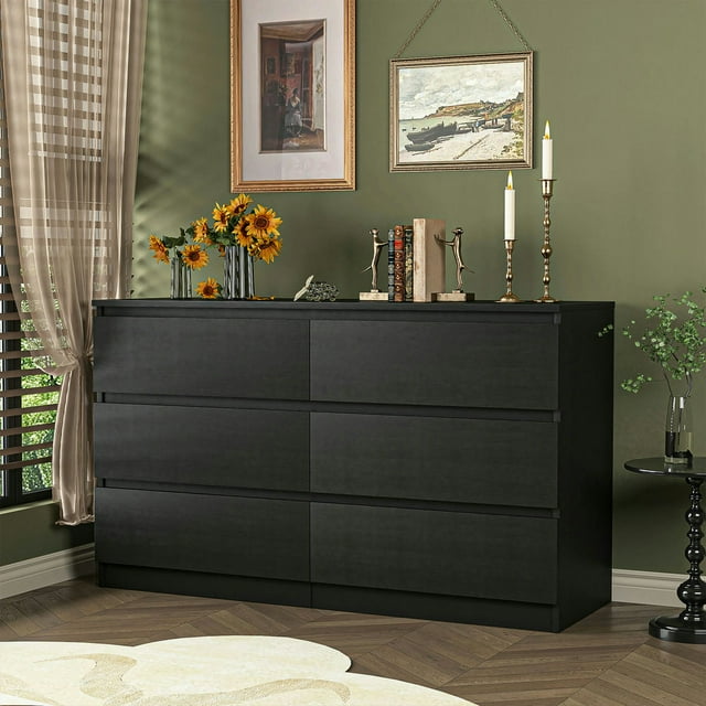 Kadyn Black Chest of Drawer, 6 Double Drawer Dresser for Bedroom, Modern Storage Cabinet for Living Room, Nursery Dresser Kadyn Black Chest of Drawer, 6 Double Drawer Dresser for Bedroom, Modern Storage Cabinet for Living Room, Nursery Dresser