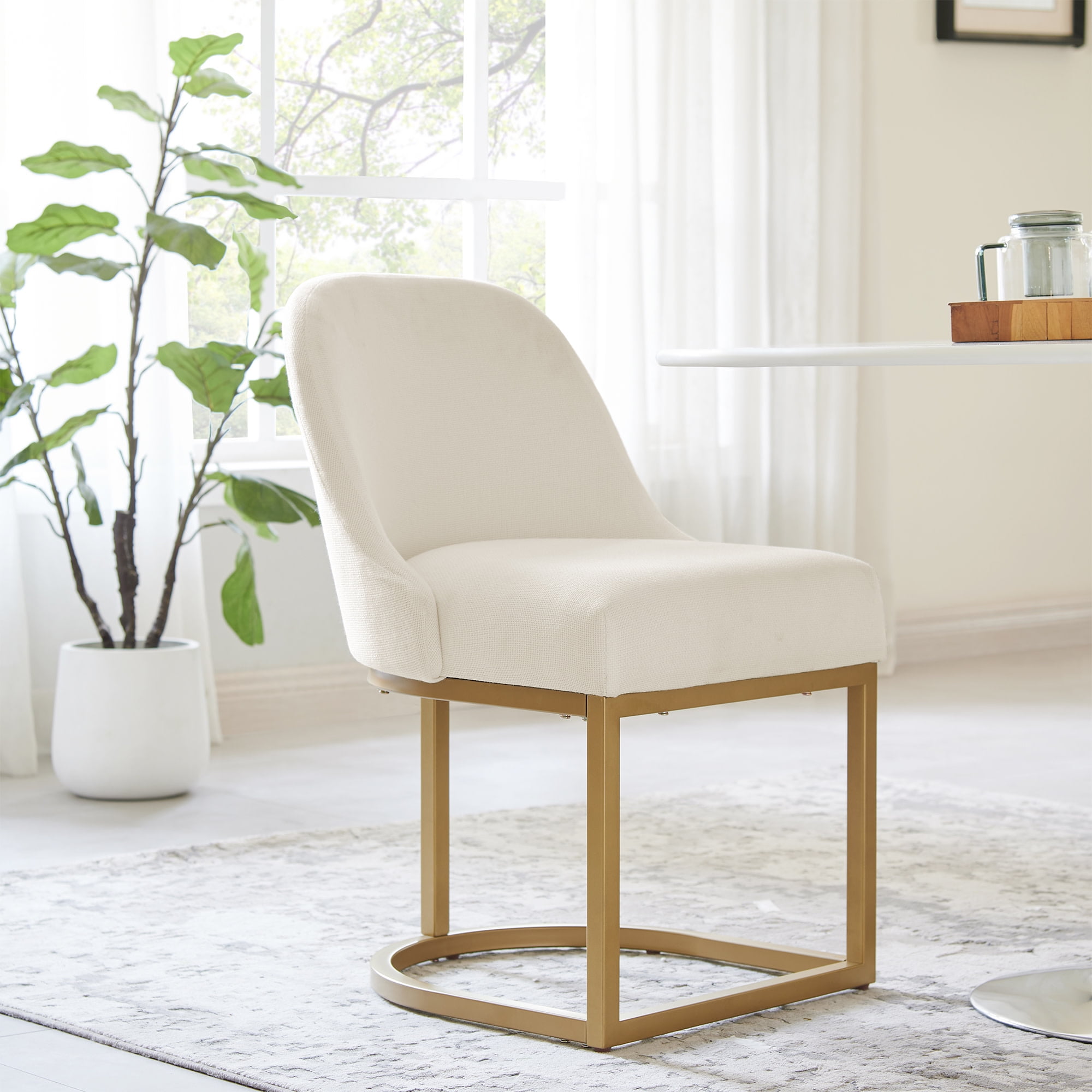 Upholstered Barrelback Dining Chair with Gold Metal Base, Modern White Linen, Set of 2