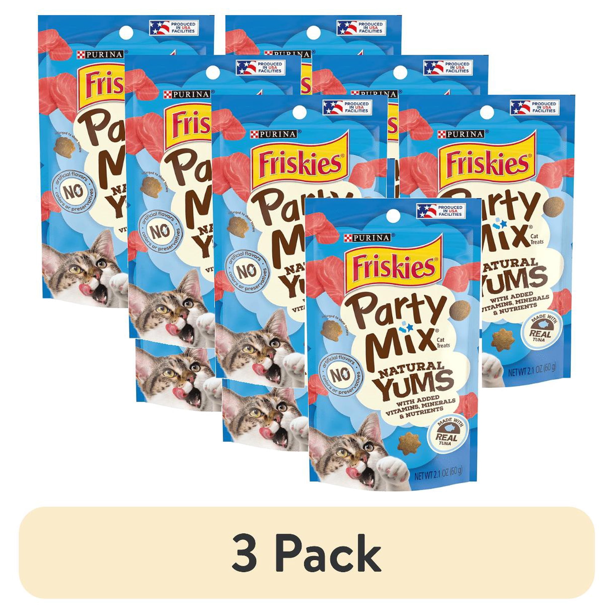 (3 pack) Purina Friskies Party Mix Cat Treats, Natural Yums with Added Vitamins, Minerals & Nutrients, Made with Real Tuna, 2.1-Ounce Resealable Pouch (Pack of 6)
