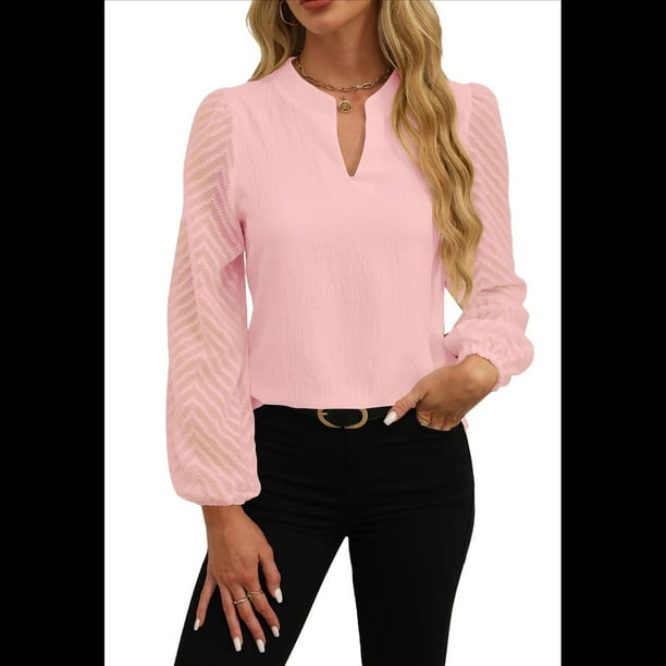 Blusas Elegantes e Informales para Mujer, con Mangas Largas Transparentes y Cuello en V, Holgadas y Vaporosas de para el Trabajo y la Oficina. Rosa M