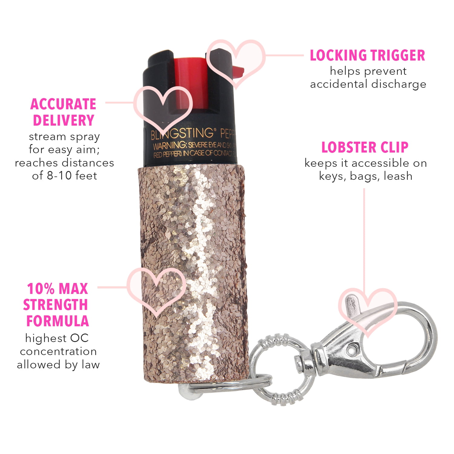 BLINGSTING Essentials Rose Gold Pepper Spray with Key Ring, 0.5 oz - Safety and Style in Personal Protection