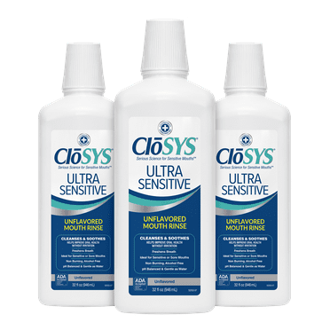 CloSYS Ultra Sensitive Mouthwash, Unflavored Alcohol Free, Dye Free, pH Balanced, Helps Soothe Entire Mouth - 32 Oz (Pack of 3)
