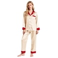 thumbnail image 2 of Ensemble de Pyjama en Satin pour Femmes, Couleur Unie avec Garniture Contrastée, Haut à Manches Longues et Pantalon avec Col Cranté, Détail de Manchette Contrastée Élégant, Vêtement de Nuit à Boutons Or m, 2 of 8