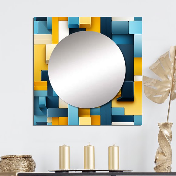 Designart "Harmony In Yellow And Blue Geometric Blocks" 0 Square Mirror For Wall Decor - Large Green Square Printed Wall Mirror Art - Square Modern Mirror - Wall Mounted Square Large Mirror