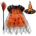 thumbnail image 1 of Vestido de fiesta de Halloween para niña con capa de bruja, disfraz de manga corta con estampado de araña, tutú de encaje y malla hasta la rodilla, 1 a 5 años, 1 of 5